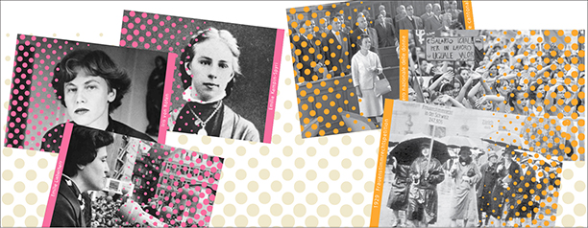 Images des cartes postales de l'EKF sur les pionnières du suffrage féminin et les dates clés de l'égalité